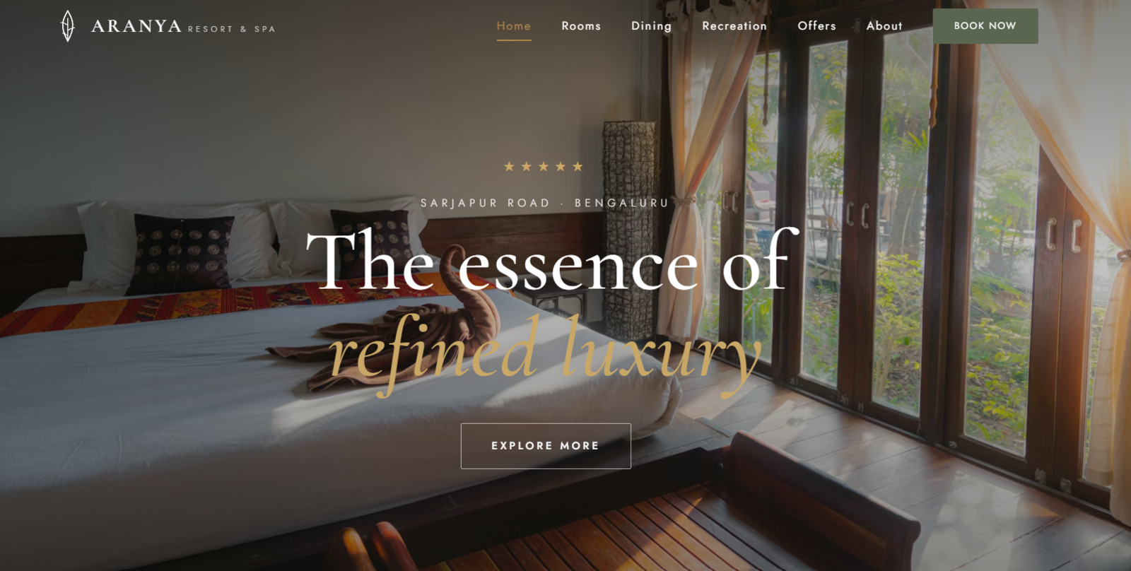 Aranya Resort & Spa website — homepage screenshot